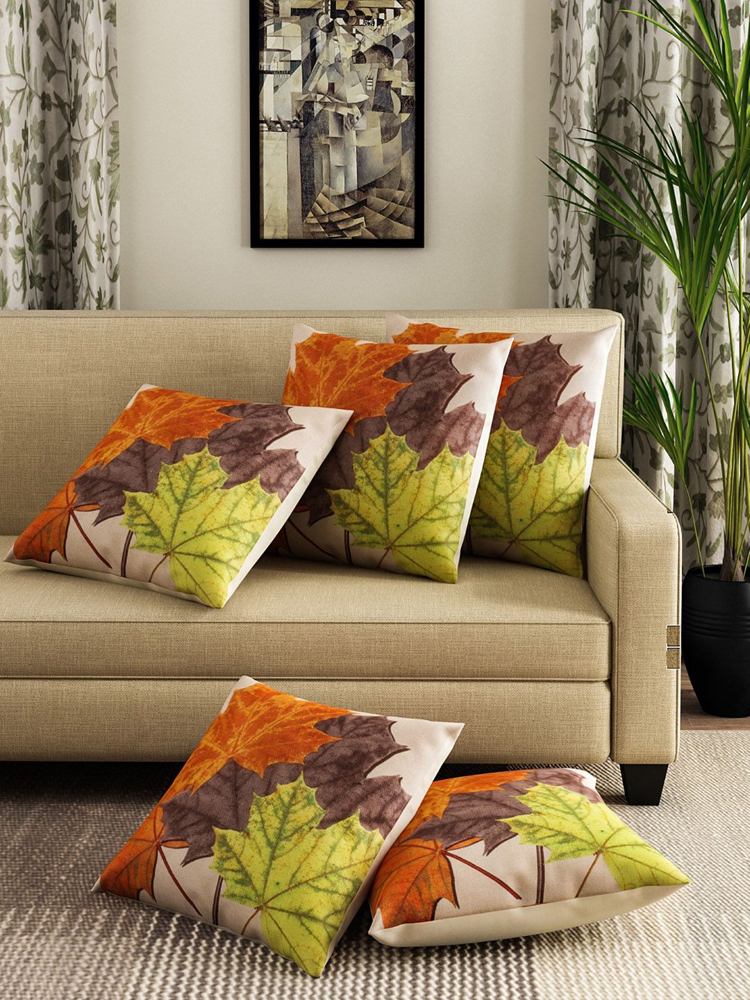 ROMEE Multicoloured Set of 5 Floral Square Cushion Covers Price in India