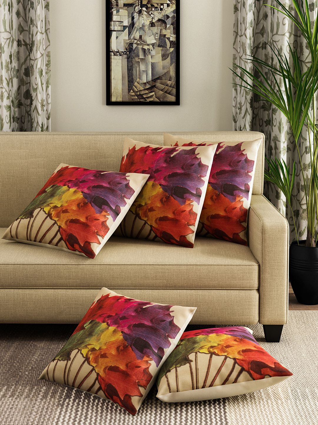 ROMEE Multicoloured Set of 5 Floral Square Cushion Covers Price in India