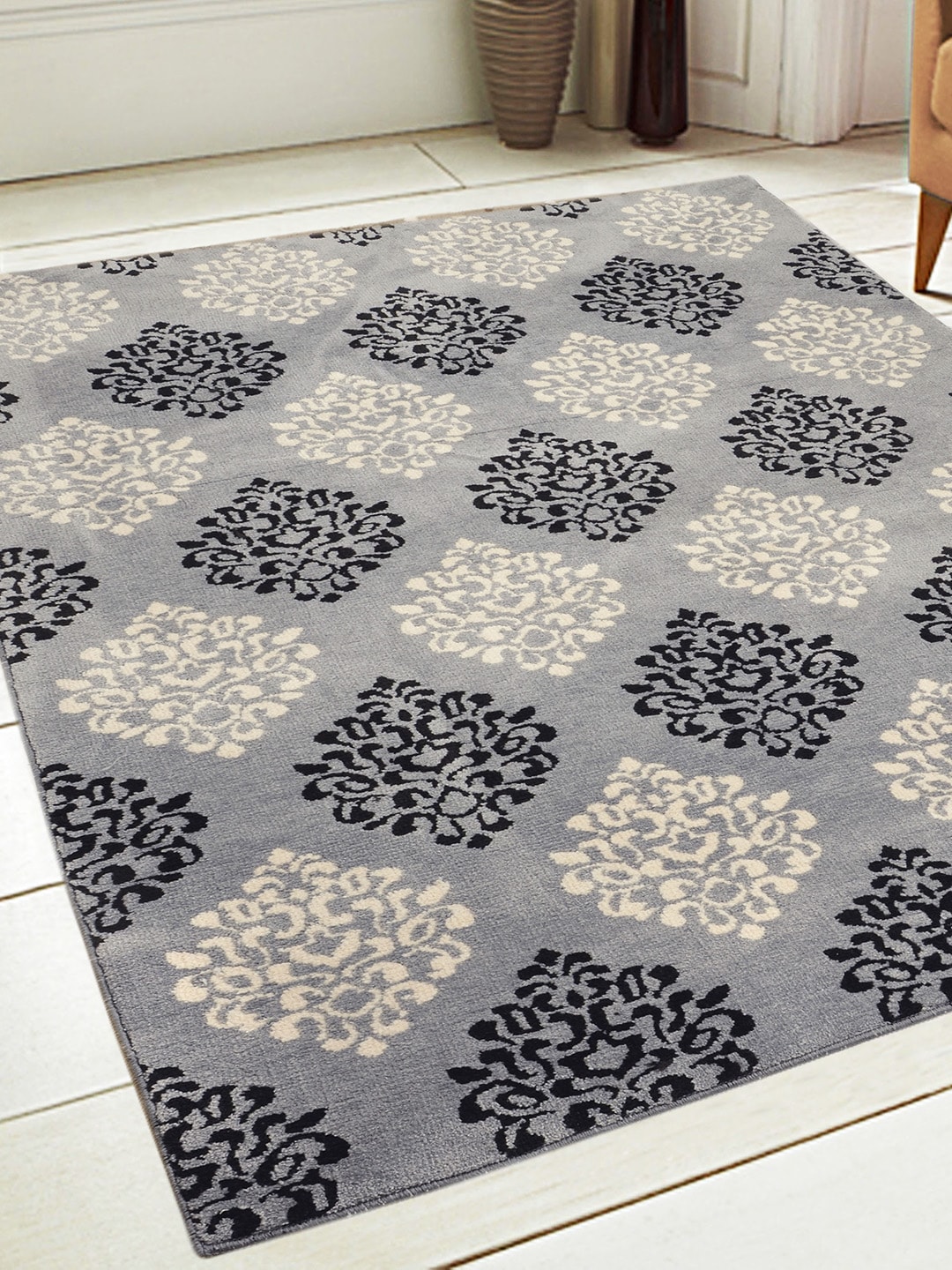 Saral Home Grey & Black Woven Design Anti-Skid Carpet Price in India