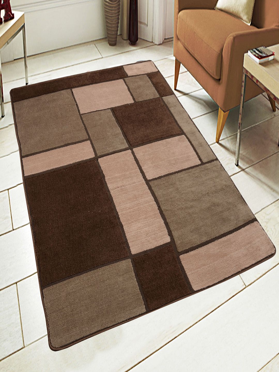 Saral Home Brown Geometric Printed Anti-Skid Carpet Price in India