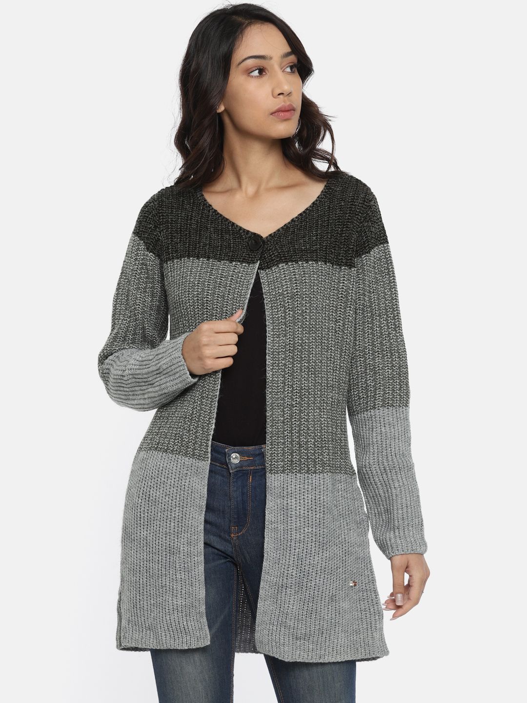 Park Avenue Women Grey & Black Colourblocked Front-Open Longline Sweater Price in India