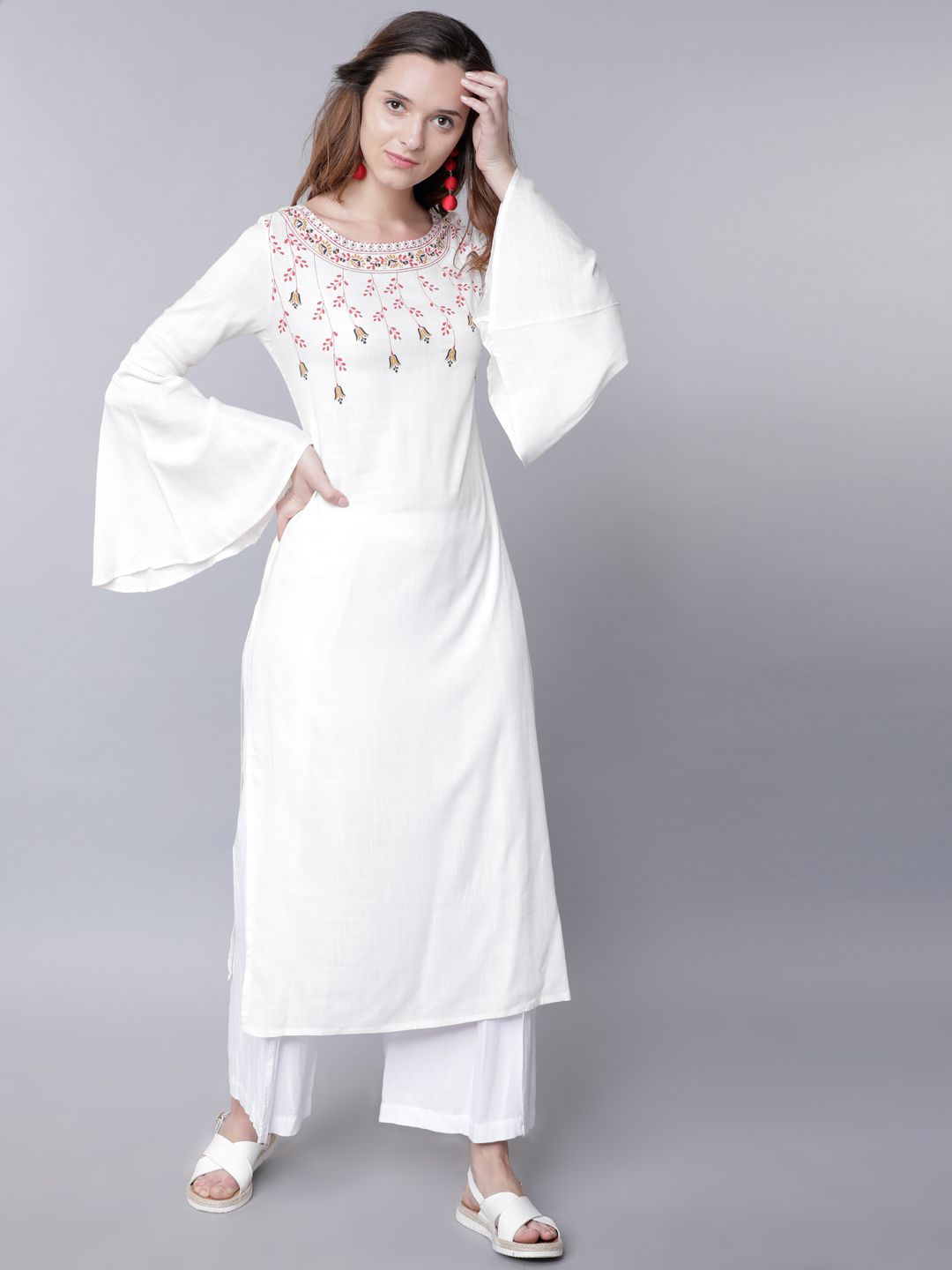 Vishudh Women White & Pink Printed A-Line Kurta Price in India