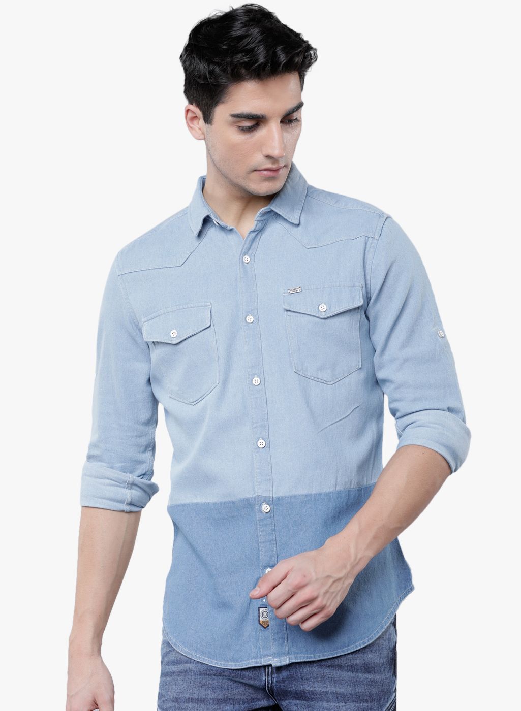 LOCOMOTIVE Blue Colourblocked Slim Fit Denim Shirt