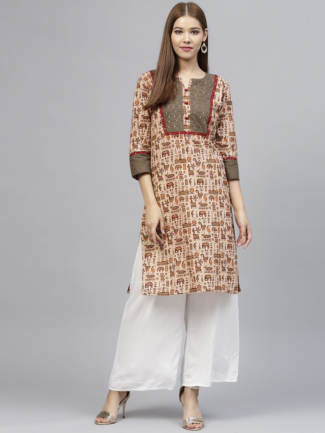 Jaipur Kurti Women Beige & Green Printed Straight Kurta Price in India