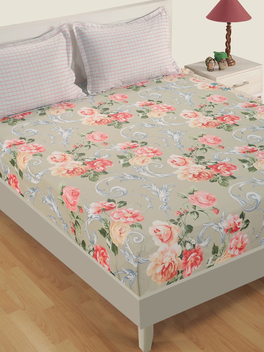 SWAYAM Green & Peach-Coloured Floral Flat 160 TC Cotton 1 King Bedsheet with 2 Pillow Covers Price in India