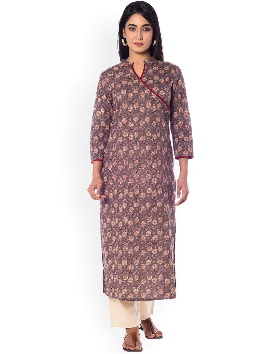 anayna Women Taupe & Red Printed Straight Kurta Price in India