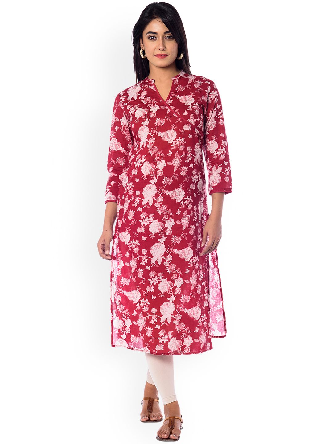 anayna Women Red & Off-White Floral Print Straight Kurta Price in India