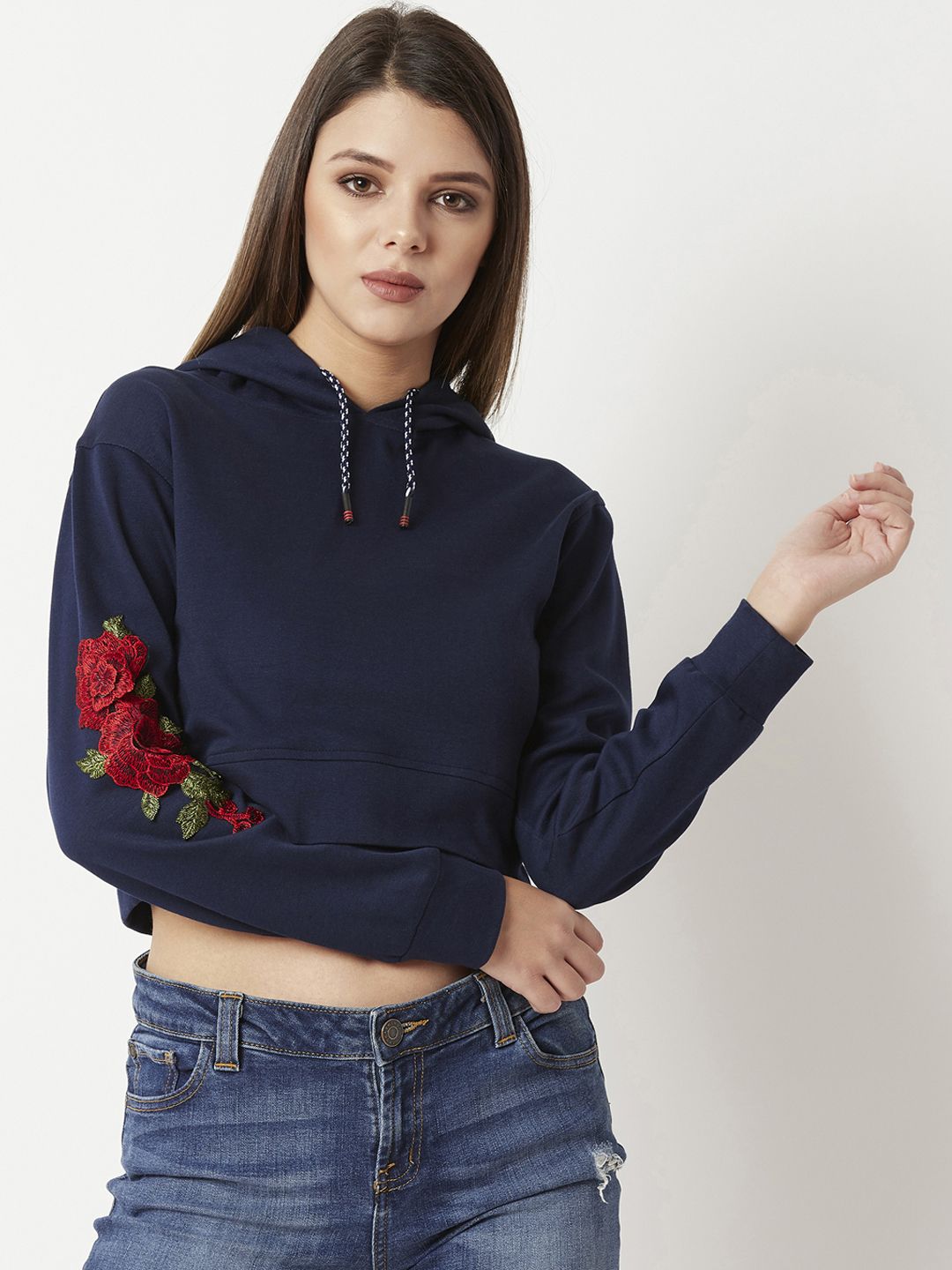 Miss Chase Women Navy Blue Embroidered Hooded Crop Sweatshirt Price in India