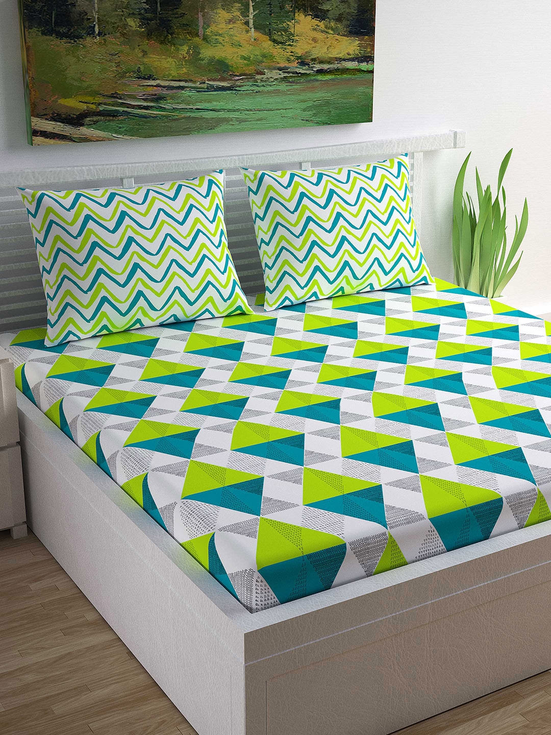 Divine Casa Lime Green & Grey Geometric Flat 144 TC Cotton 1  Queen Bedsheet with 2 Pillow Covers Price in India