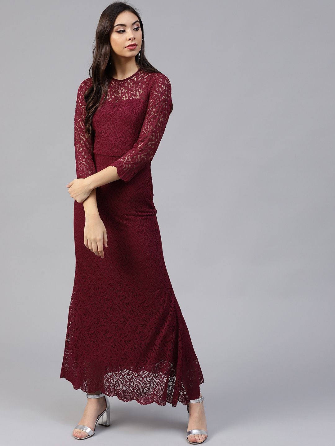 Athena Burgundy Lace Maxi Dress Price in India