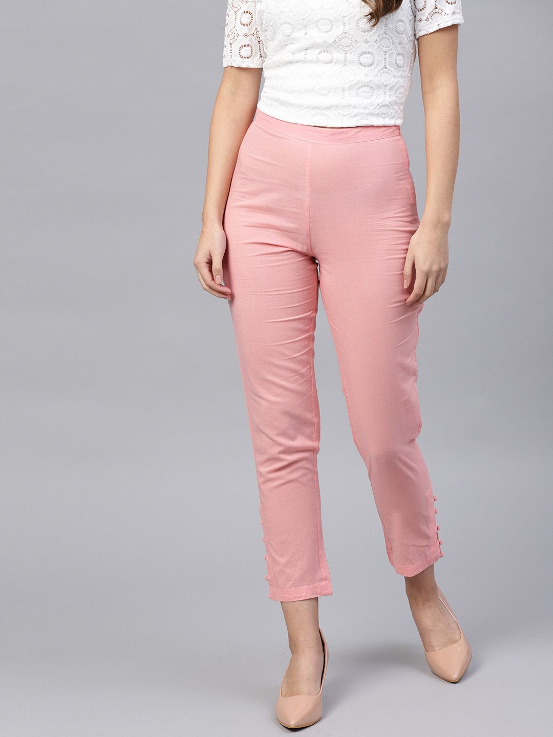 SASSAFRAS Women Pink Slim Fit Semi-Sheer Cropped Trousers Price in India