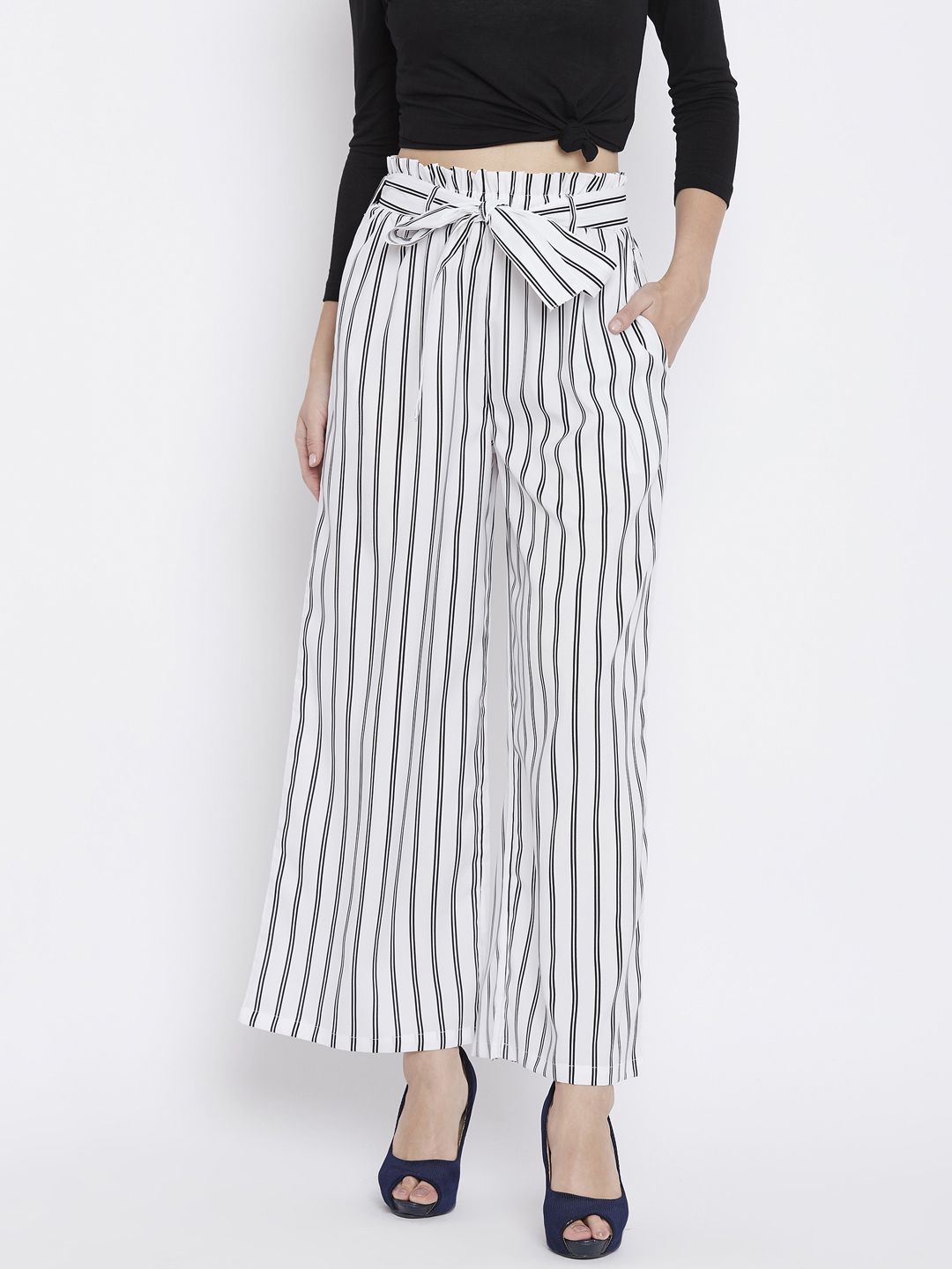 Zastraa Women White & Black Regular Fit Striped Parallel Trousers Price in India