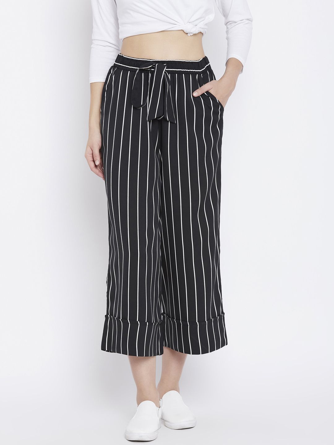 Zastraa Women Black & White Regular Fit Striped Culottes Price in India