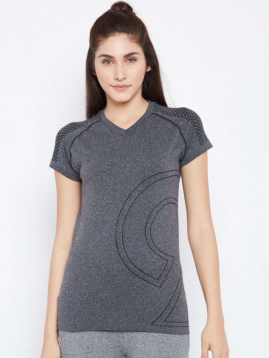 C9 Women Grey Printed V-Neck T-shirt Price in India