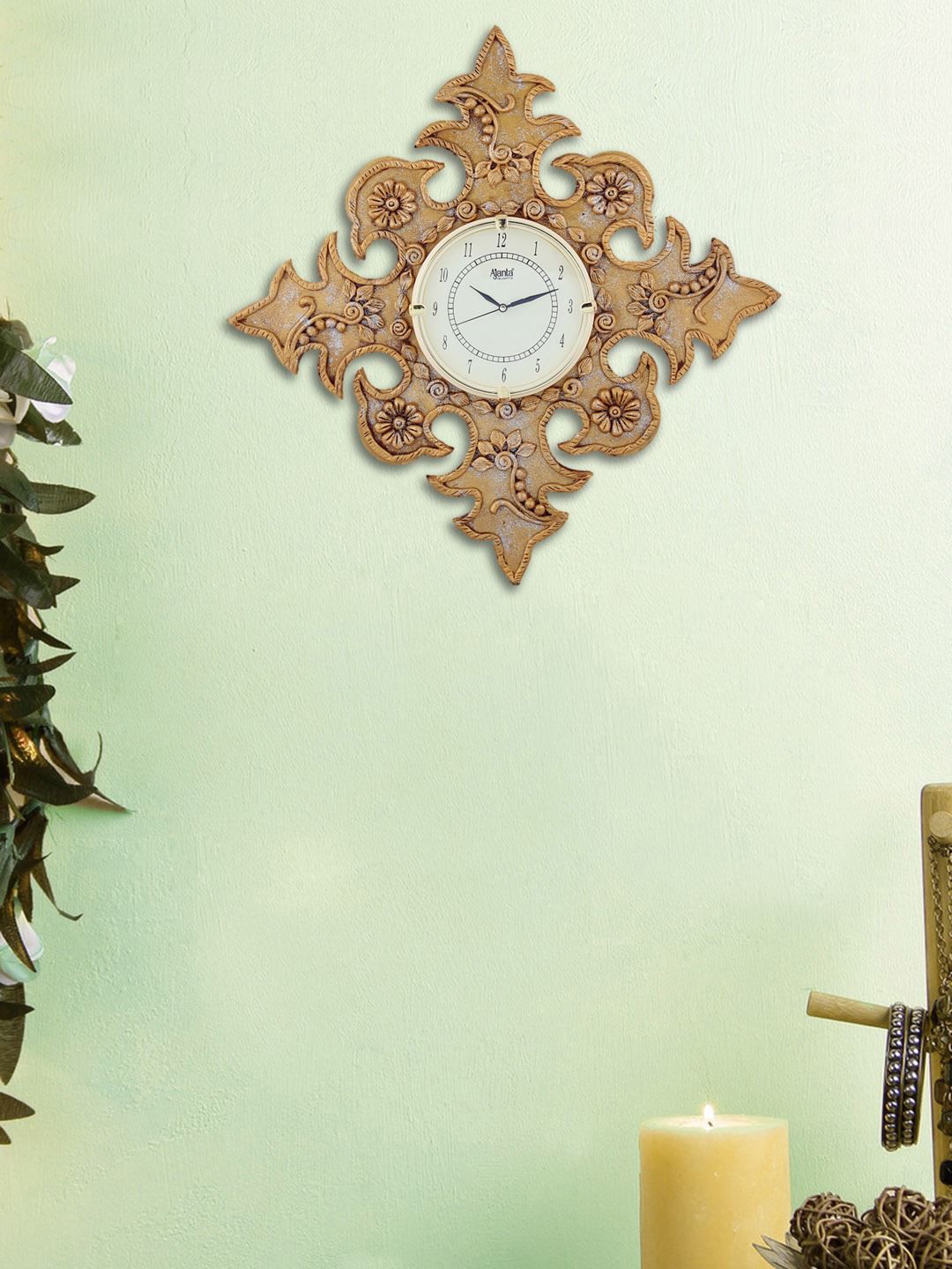 999Store Gold-Coloured Handcrafted Floral Textured Analogue Wall Clock Price in India