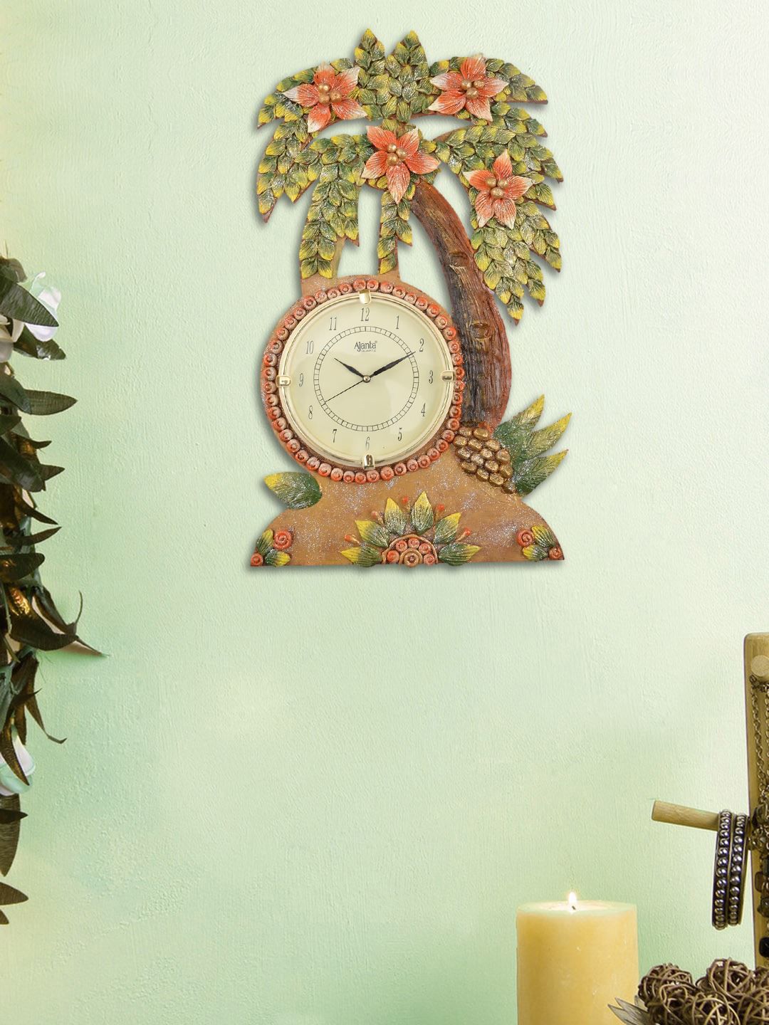 999Store Green & Orange Handcrafted Quirky Textured Analogue Wall Clock Price in India