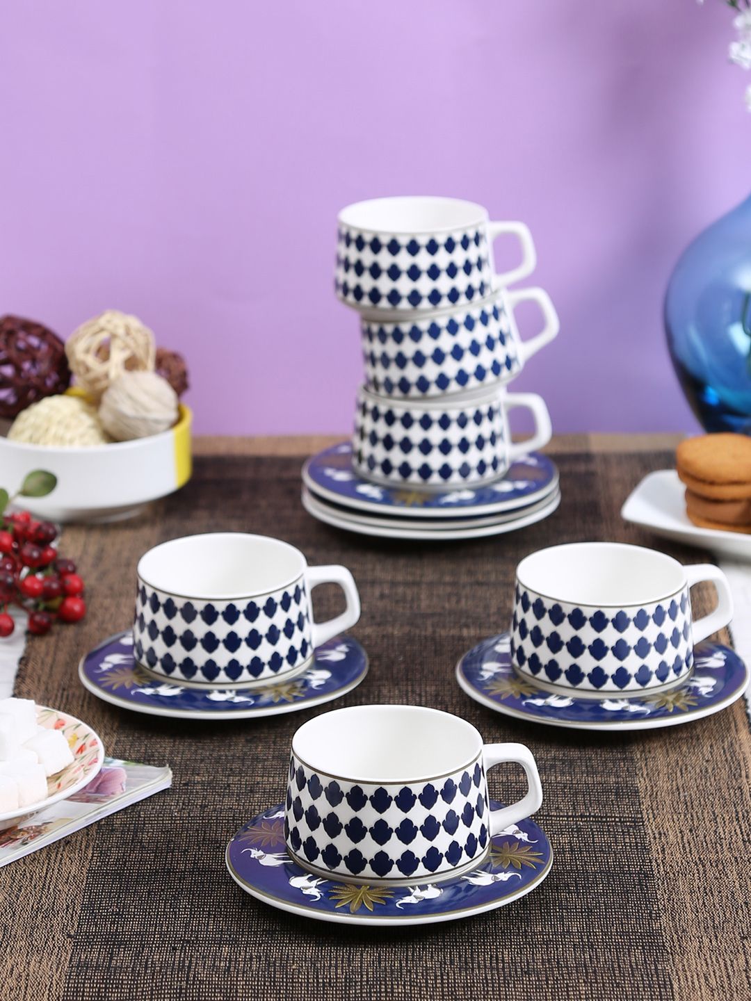 India Circus Set of 6 Blue & White Printed Bone China Cups and Saucers Price in India