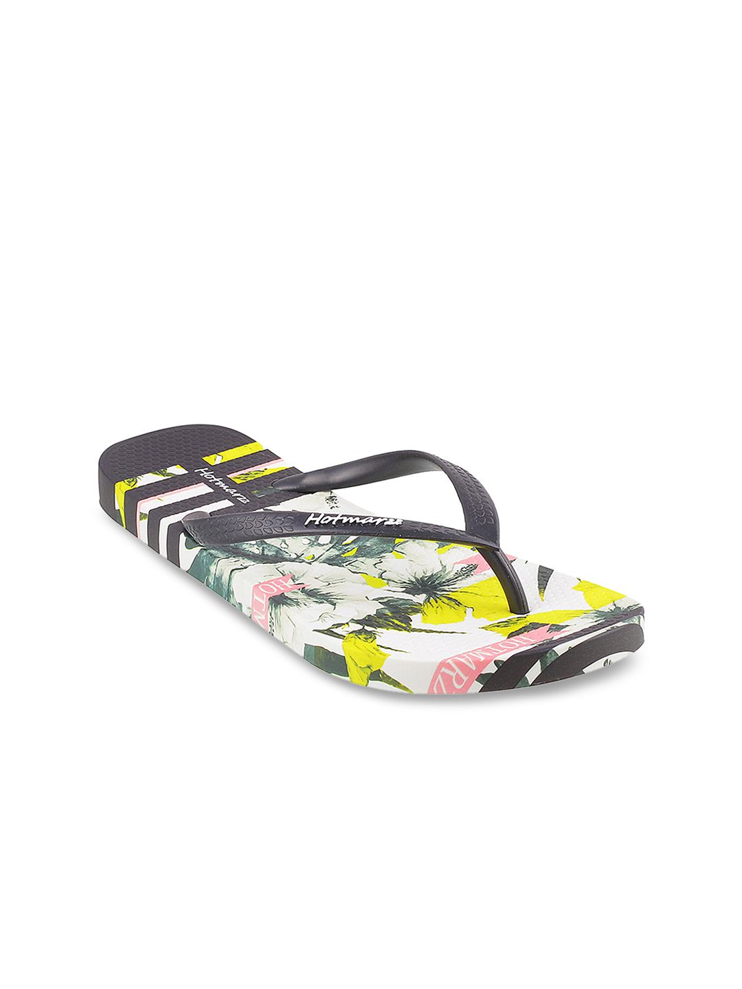 Hotmarzz Women Black & Yellow Printed Thong Flip-Flops Price in India