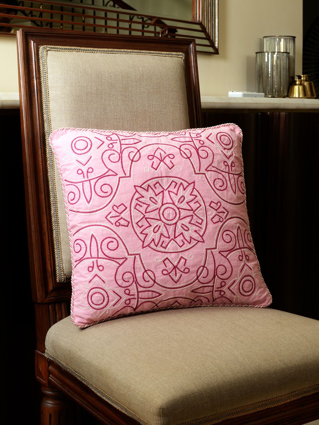 Deco Window Pink Single Embroidered Square Cushion Cover Price in India