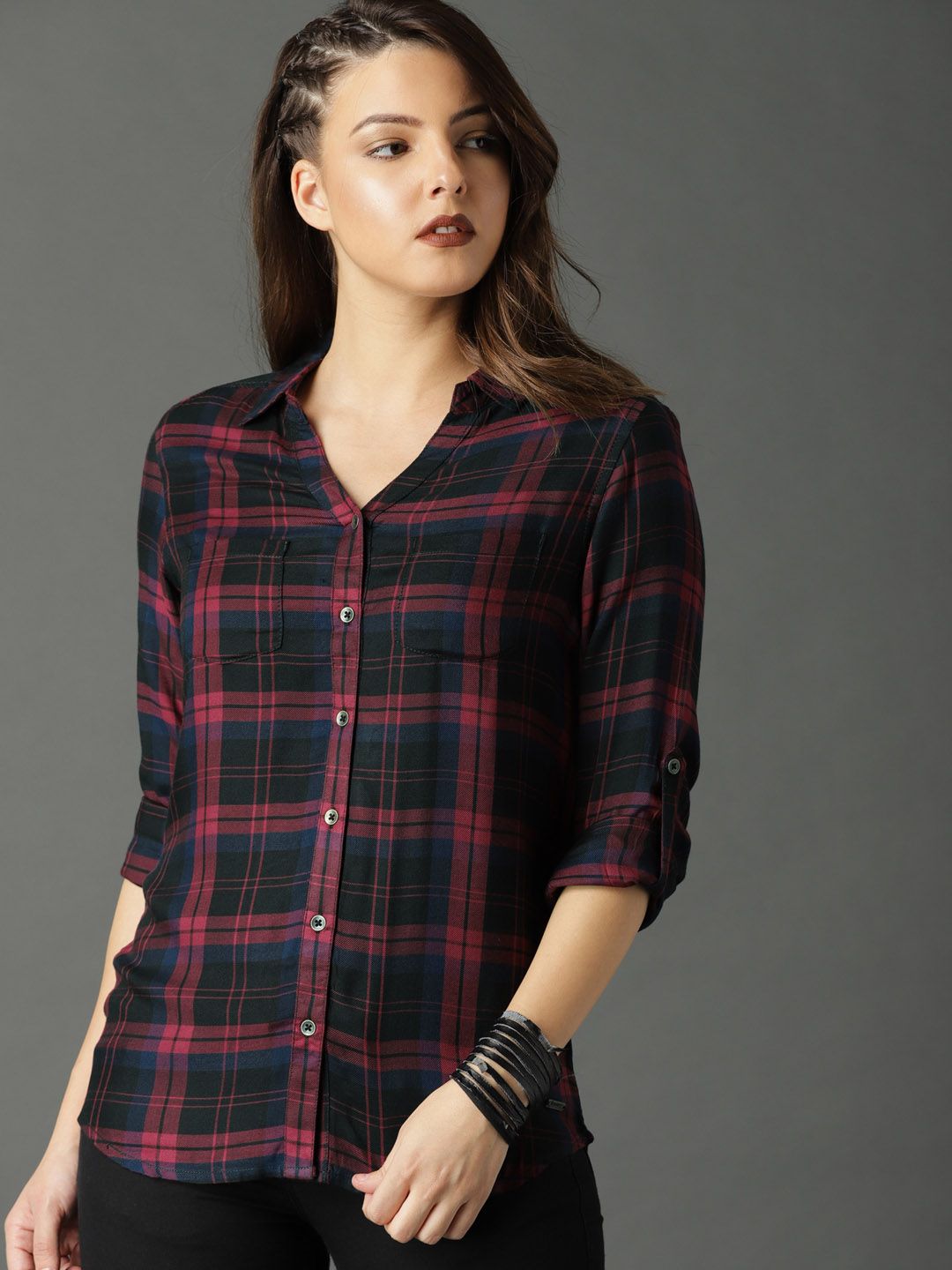 Roadster Women Maroon & Black Slim Fit Checked Shirt Price in India