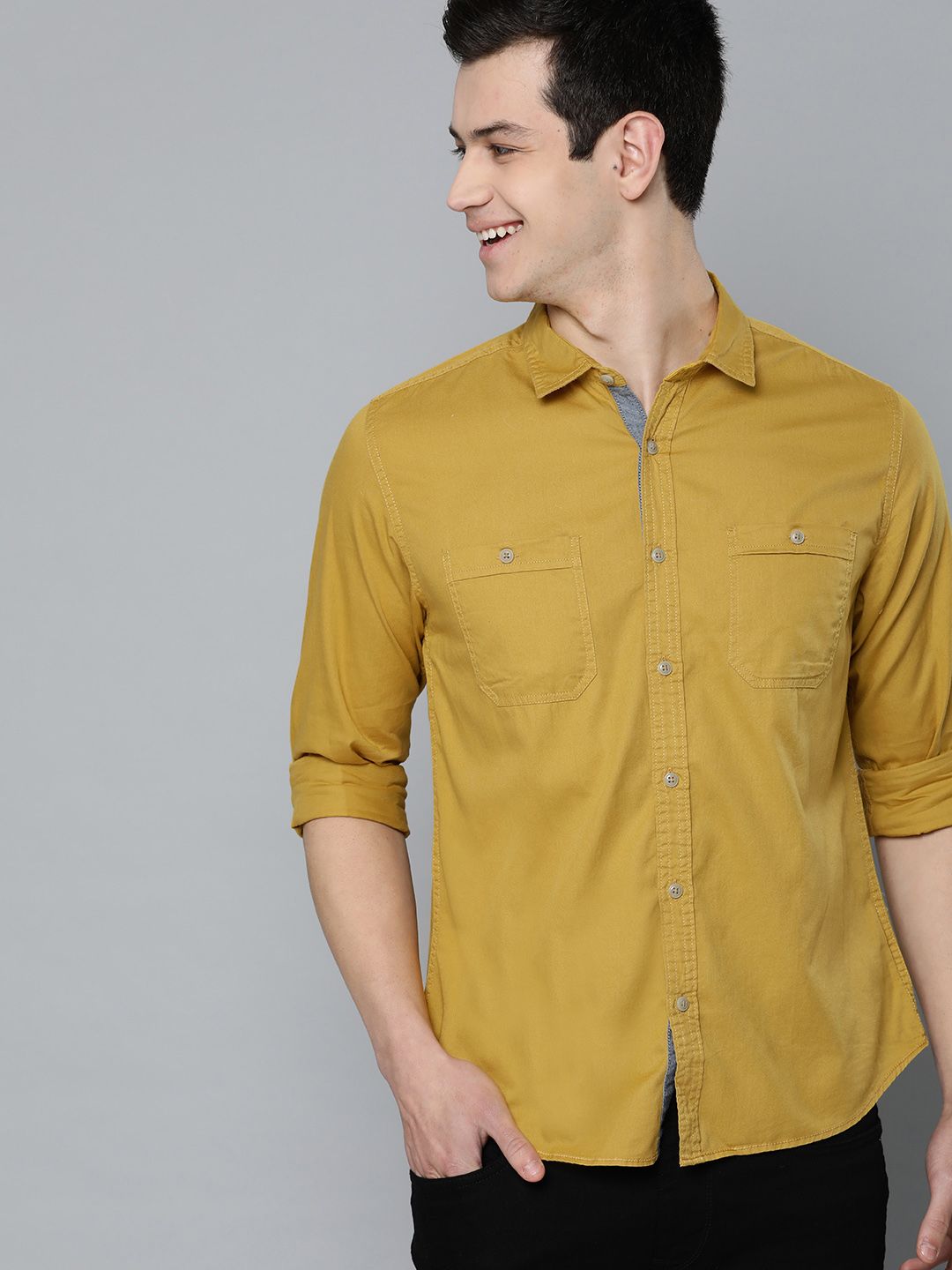 HERE&NOW Men Mustard Yellow Regular Fit Solid Casual Shirt