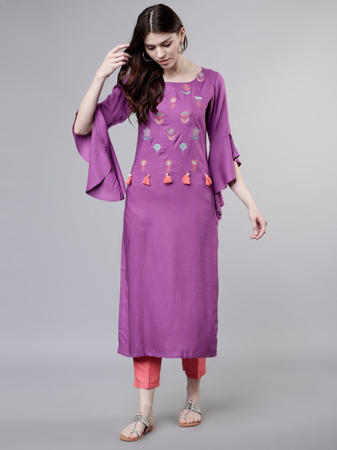 Vishudh Women Purple Yoke Design Straight Kurta Price in India