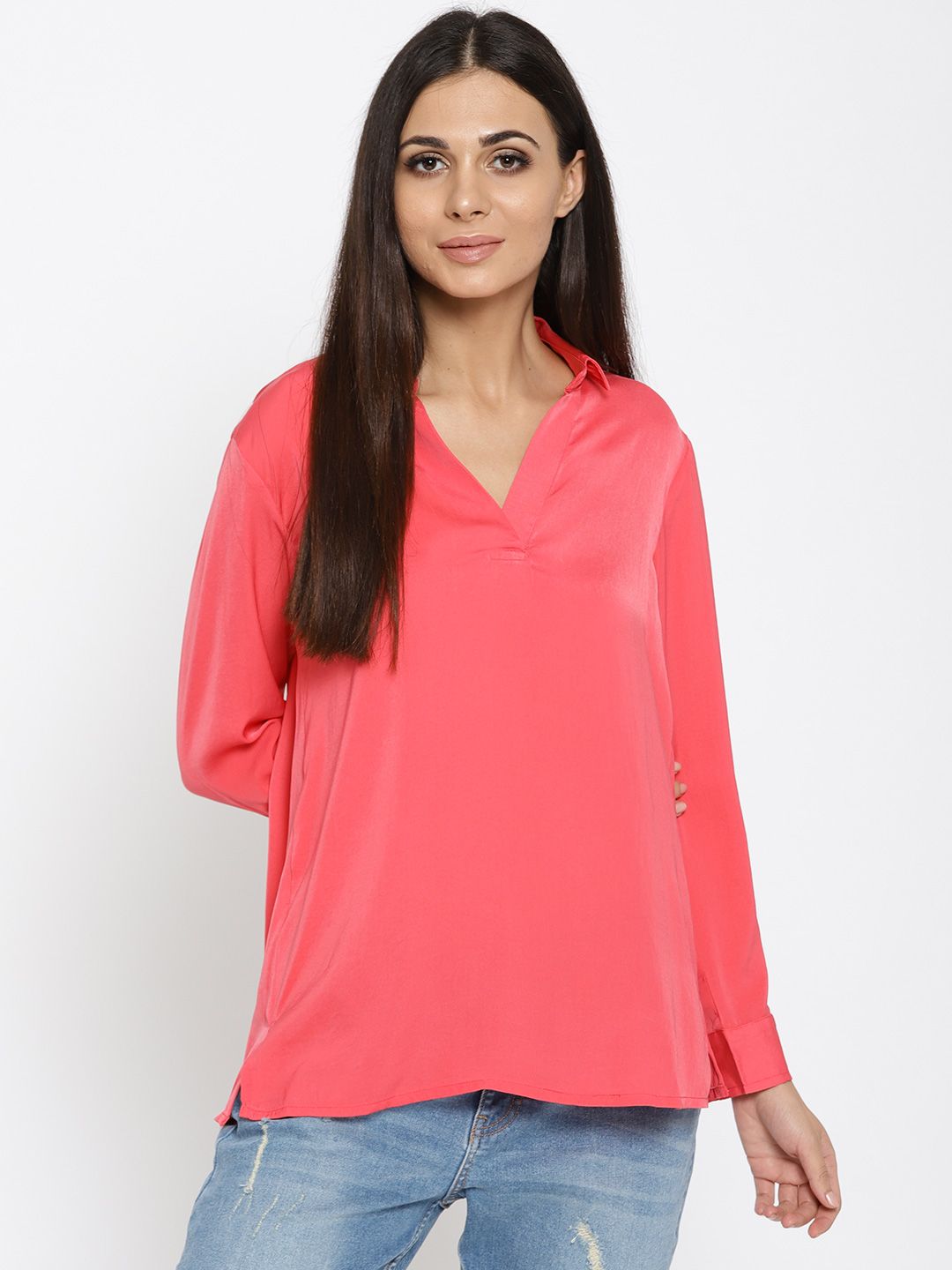 United Colors of Benetton Women Coral Pink Solid Shirt Style Top Price in India