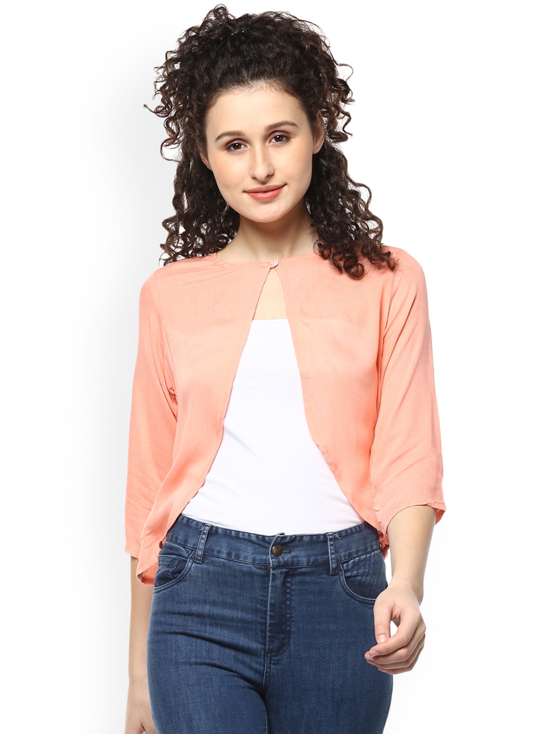 Mayra Peach-Coloured Solid Open Front Shrug Price in India