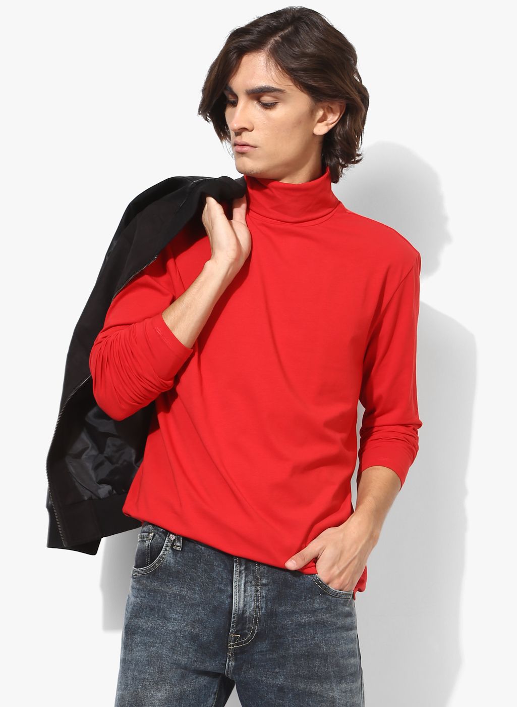 Calvin Klein Red Solid Slim Fit High Neck T-Shirt