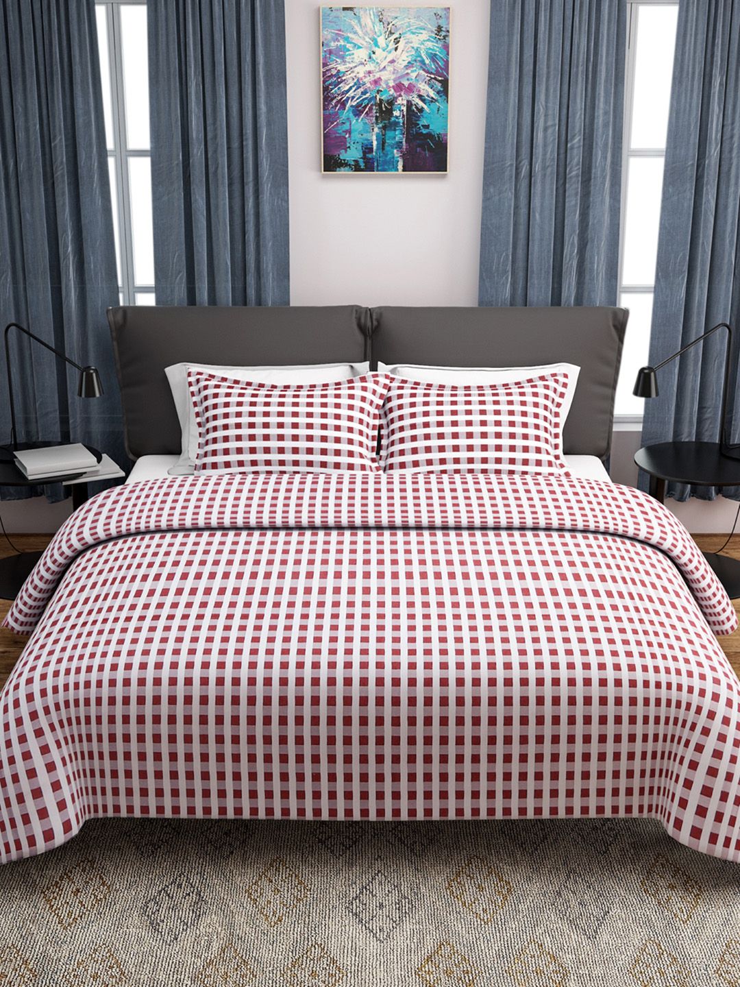 ROMEE Maroon & White Checked 170 TC Polycotton Bed Cover with 2 Pillow Covers Price in India