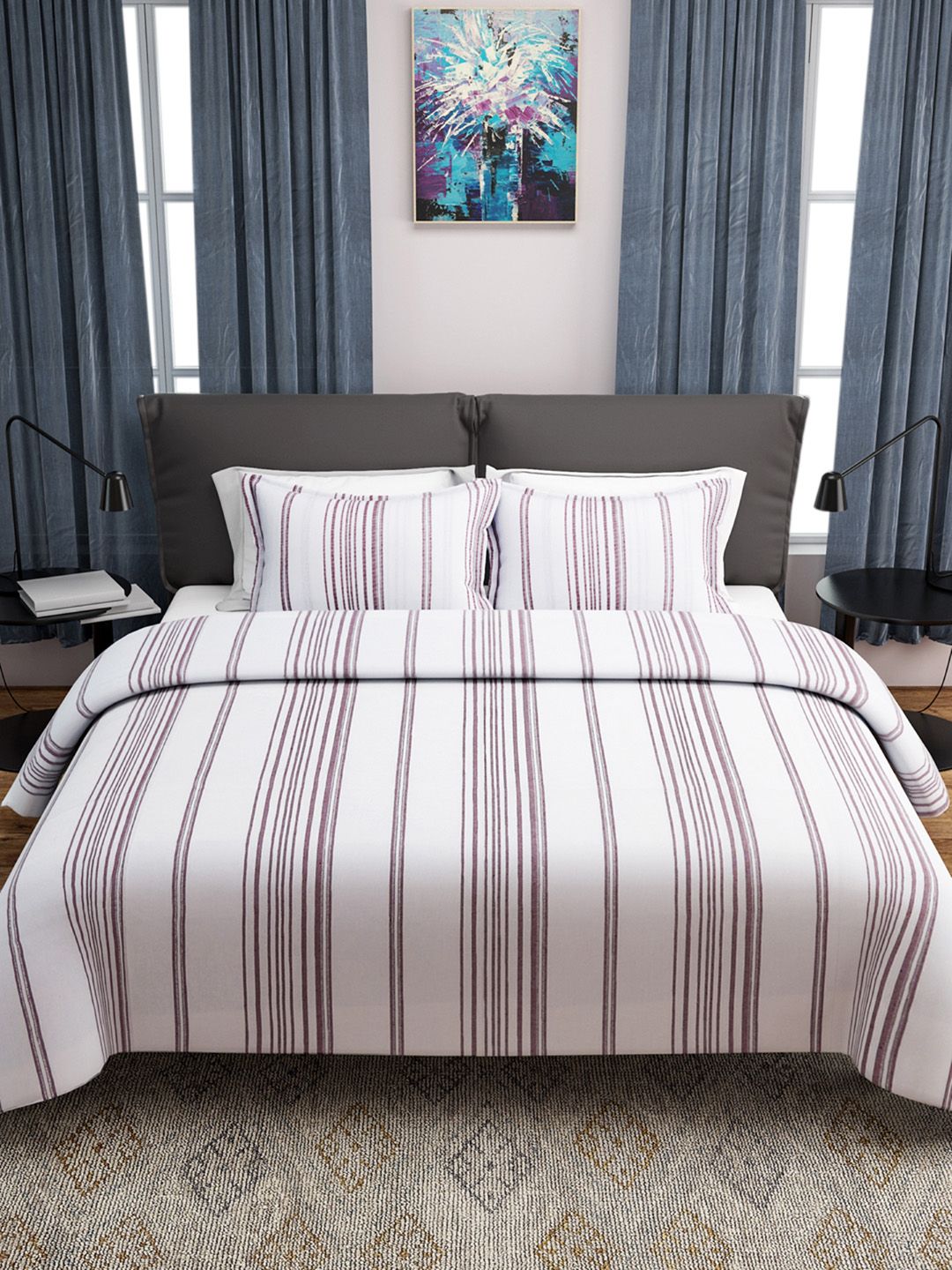 ROMEE Maroon & White Striped Double Bed Cover with 2 Pillow Covers Price in India