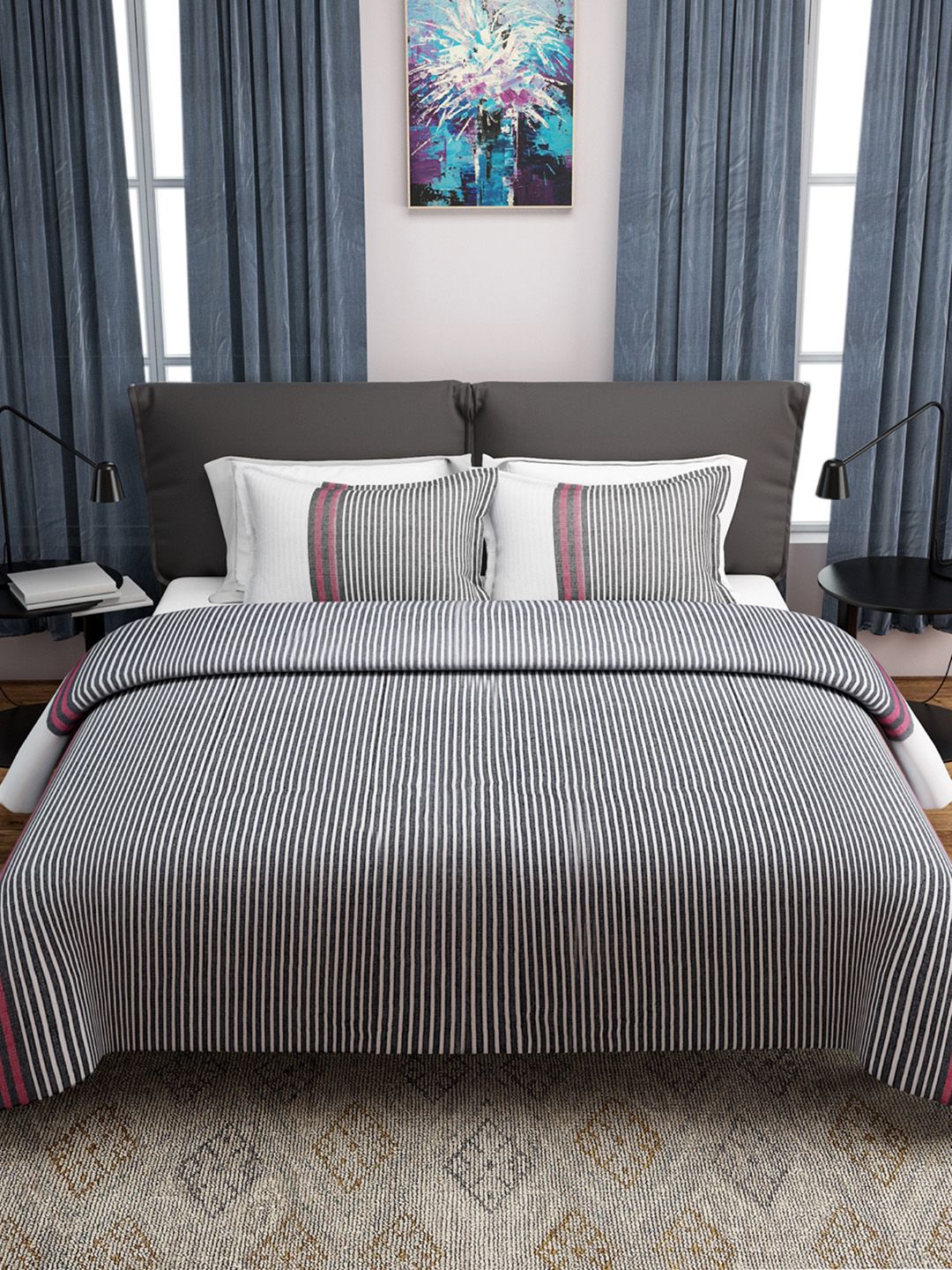 ROMEE Black & White Cotton Striped Double Bed Cover Price in India