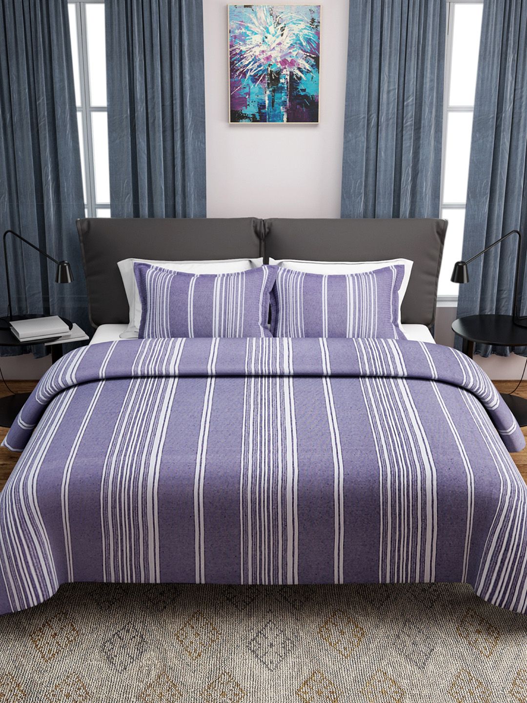 ROMEE Blue Cotton Striped Double Bed Cover with 2 Pillow Covers Price in India