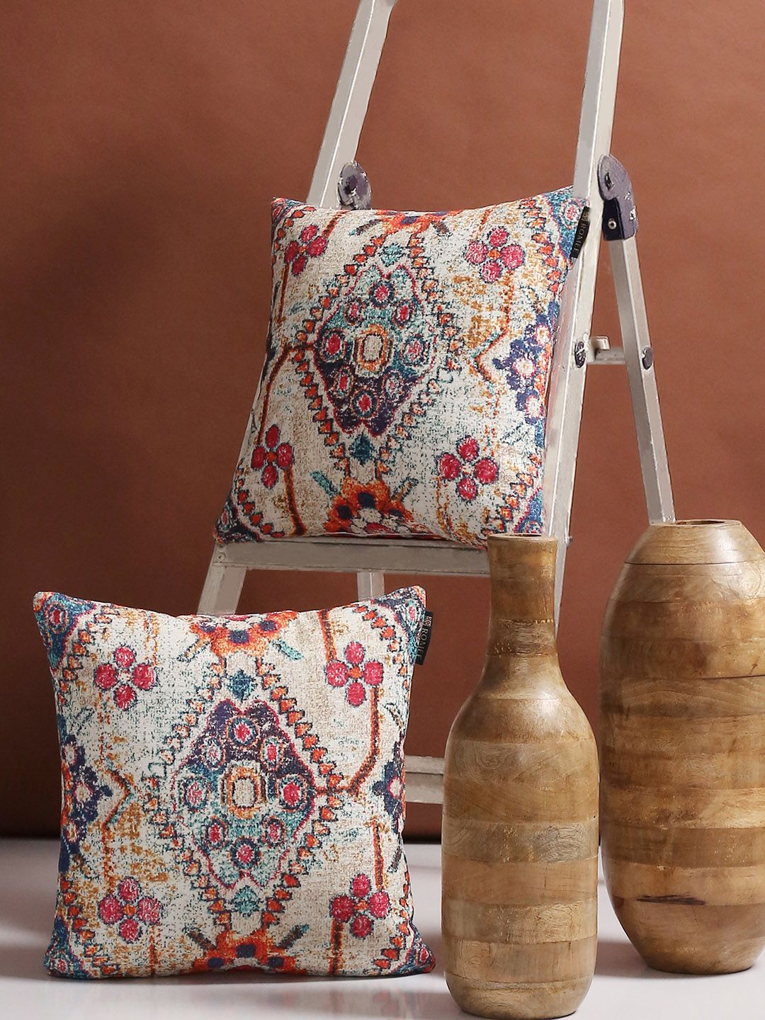 ROMEE Multicoloured Set of 2 Ethnic Motifs 40.6 cm x 40.6 cm Square Cushion Covers Price in India