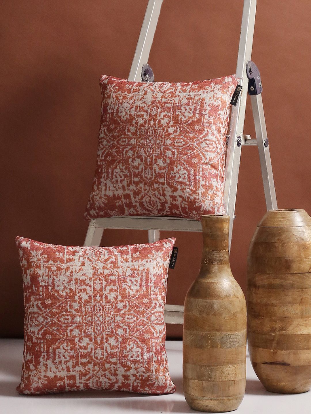 ROMEE Rust Red Set of 2 Ethnic Motifs 40.6 cm x 40.6 cm Square Cushion Covers Price in India
