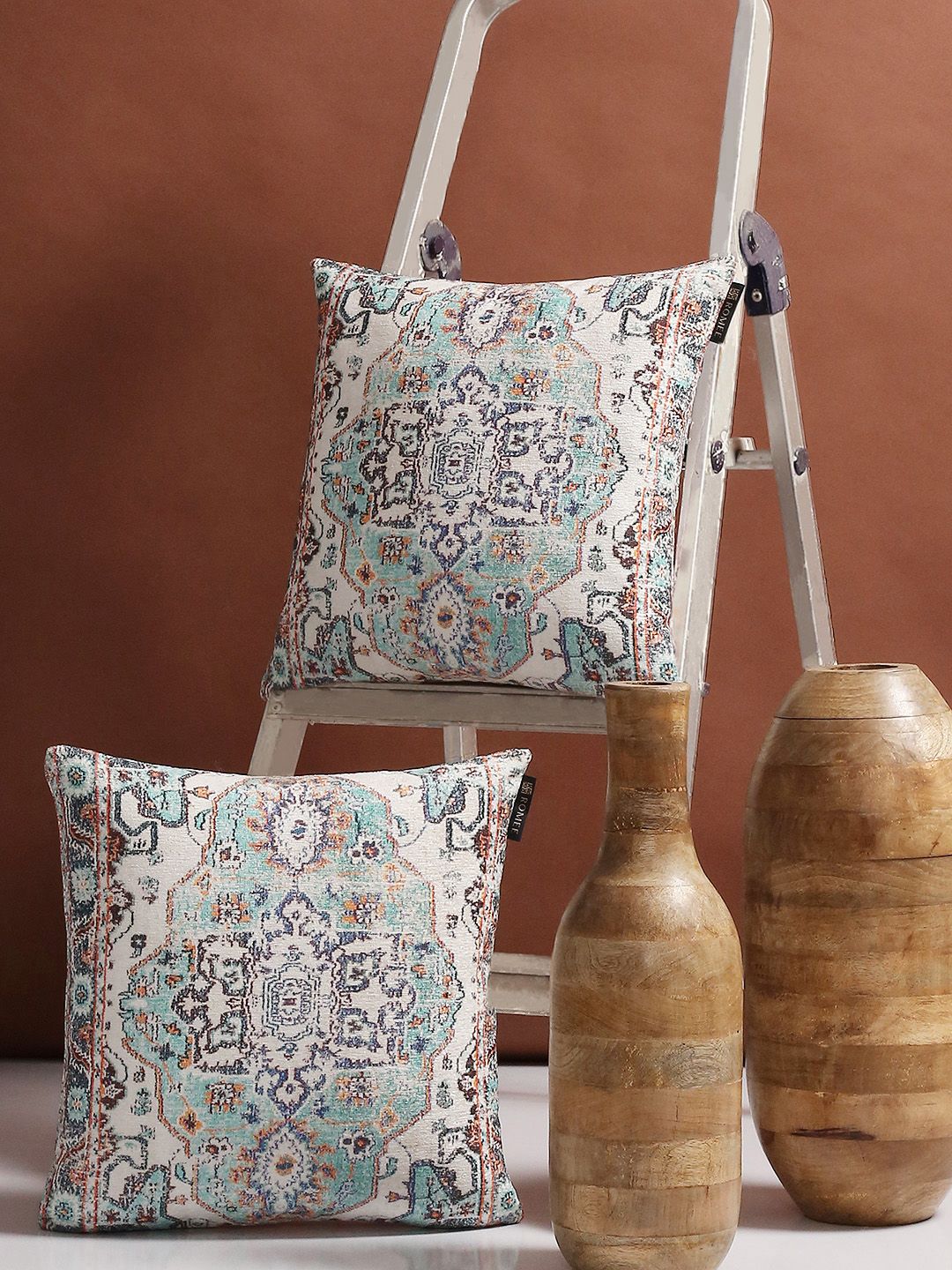 ROMEE Multicoloured Set of 2 Ethnic Motifs 40.6 cm x 40.6 cm Square Cushion Covers Price in India