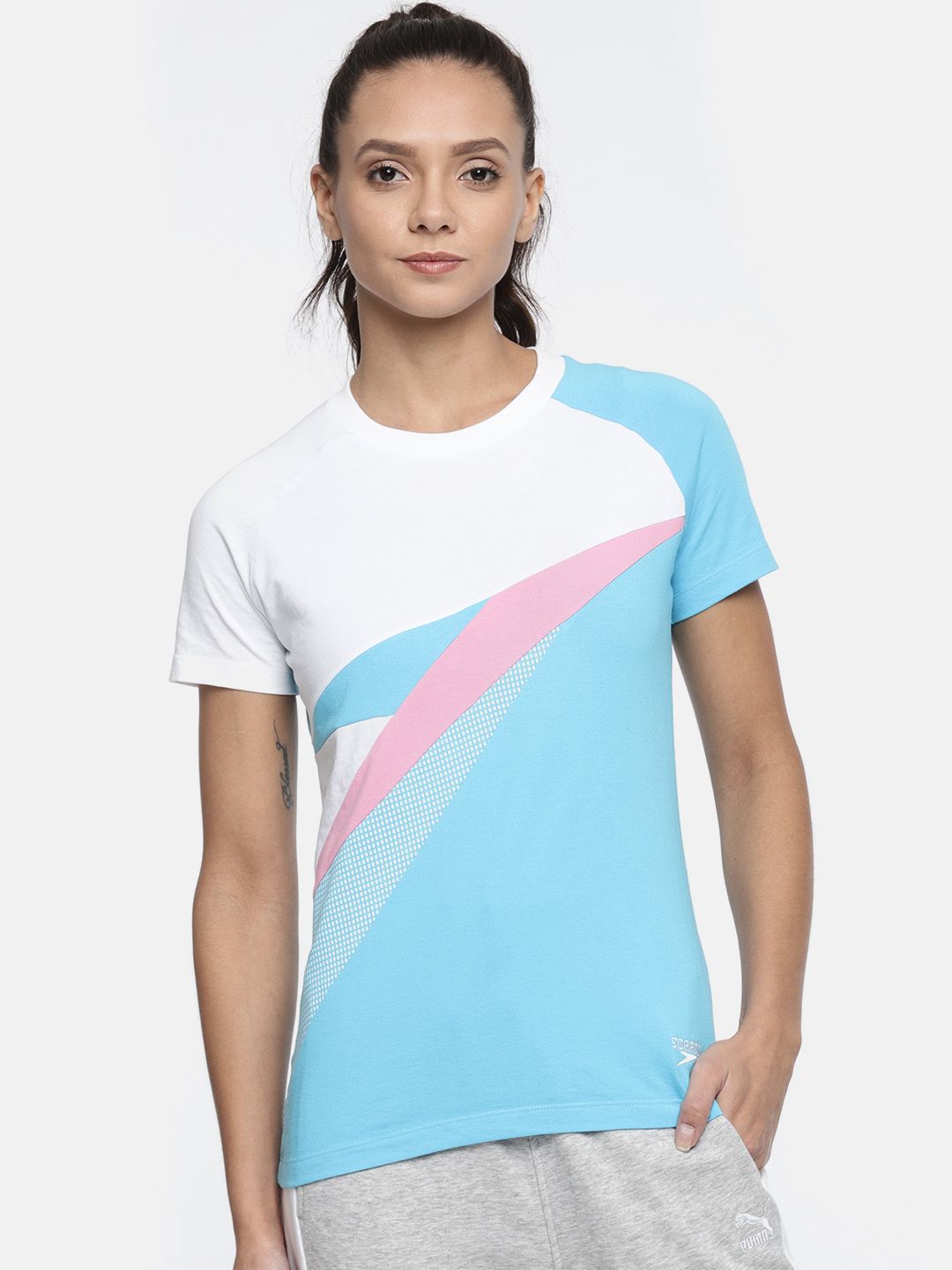 Speedo Women Blue & White Colourblocked Round Neck T-shirt Price in India