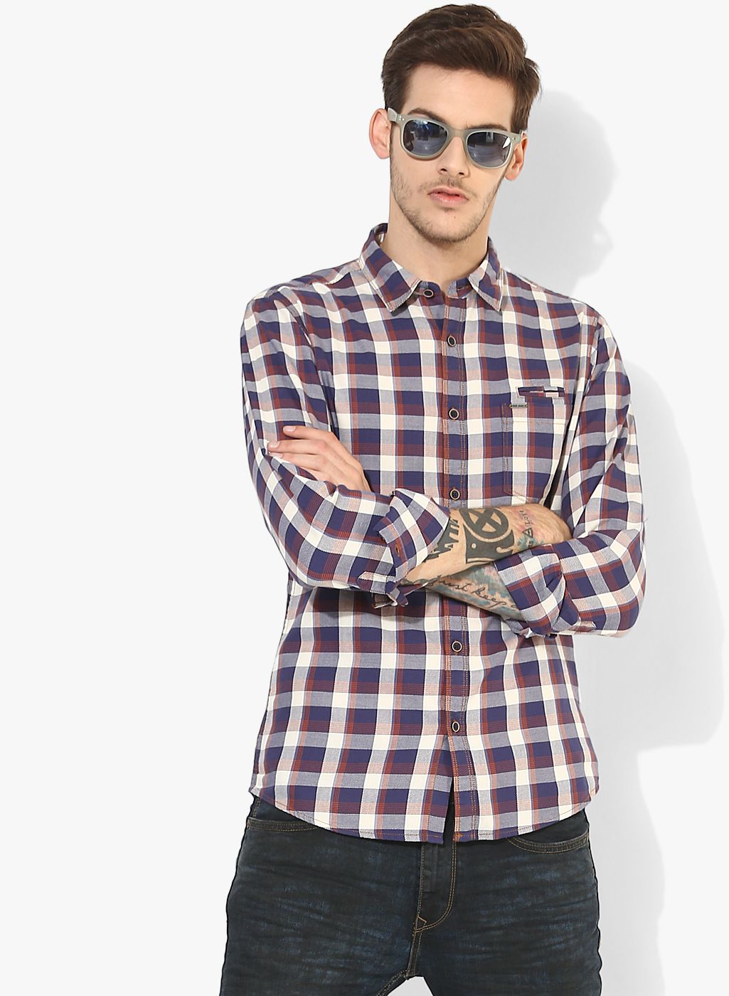 Pepe Jeans Blue Checked Slim Fit Casual Shirt