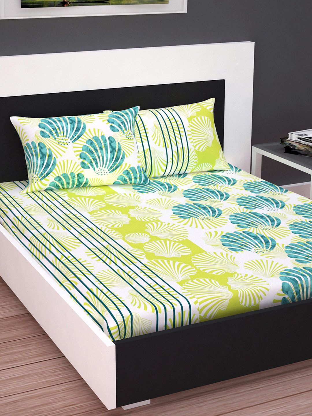 Divine Casa Lime Green & White Floral Flat 144 TC Cotton Bedsheet with 2 Pillow Covers Price in India