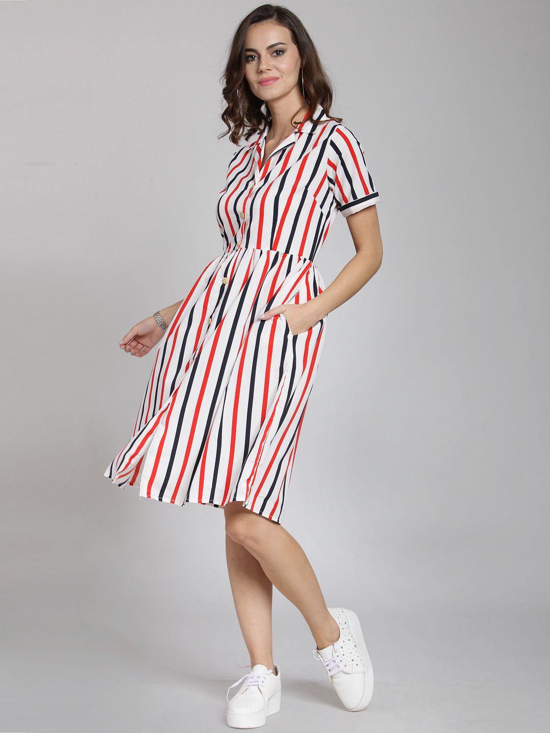 plusS White Striped Fit and Flare Dress Price in India