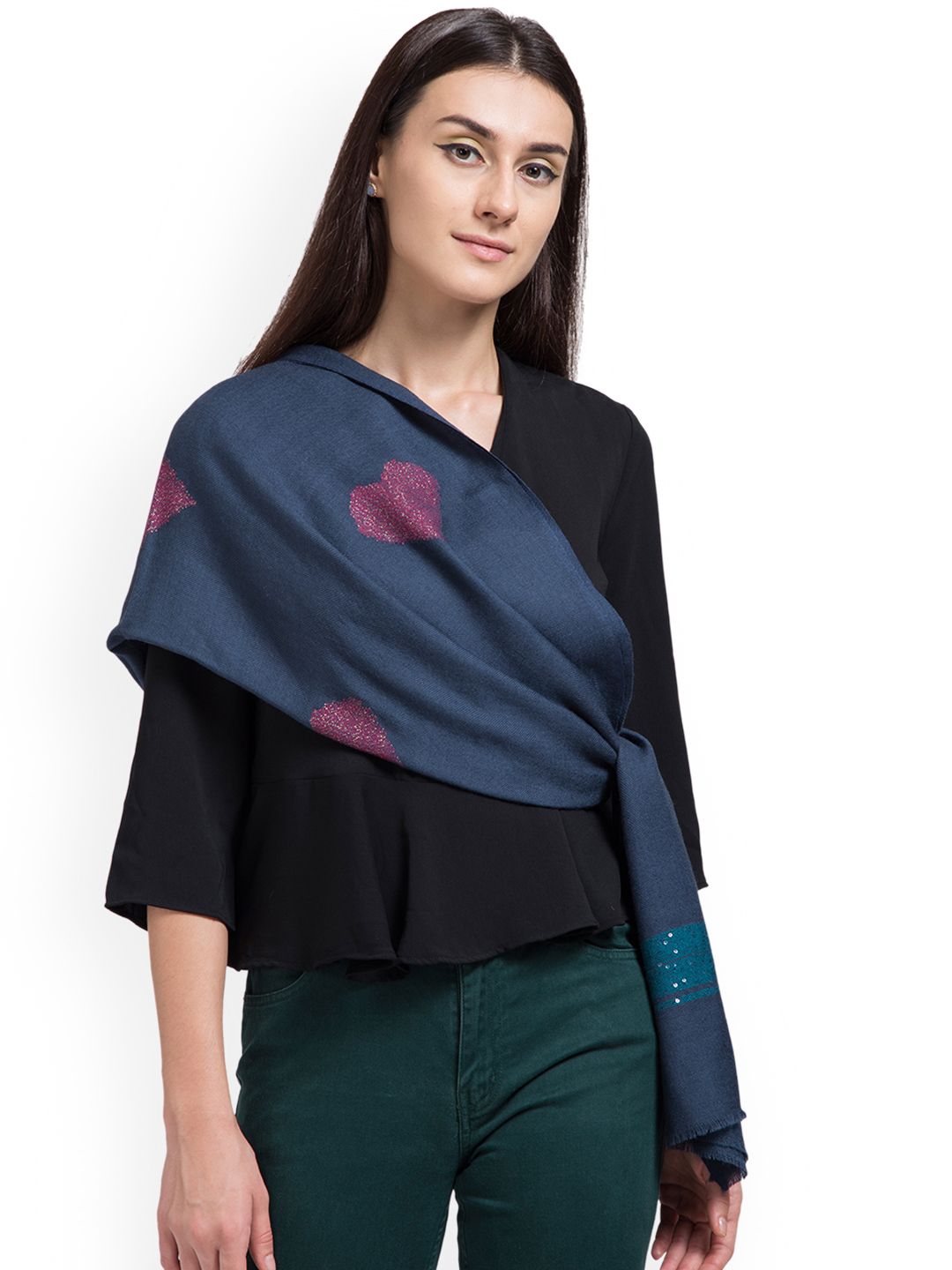 SHINGORA Women Navy Blue Woven Design Stole Price in India