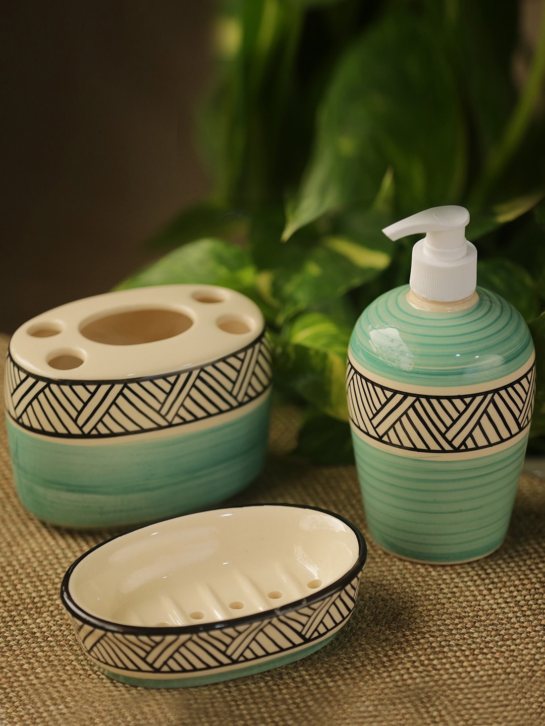 ExclusiveLane Set Of 3 Ceramic Hand-Painted Ceramic Bathroom Accessories Price in India