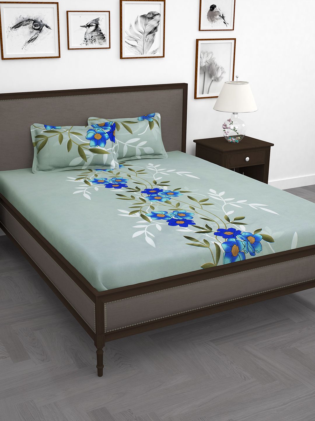 Story@home Grey & Blue Floral Flat 240 TC 1 King Bedsheet with 2 Pillow Covers Price in India