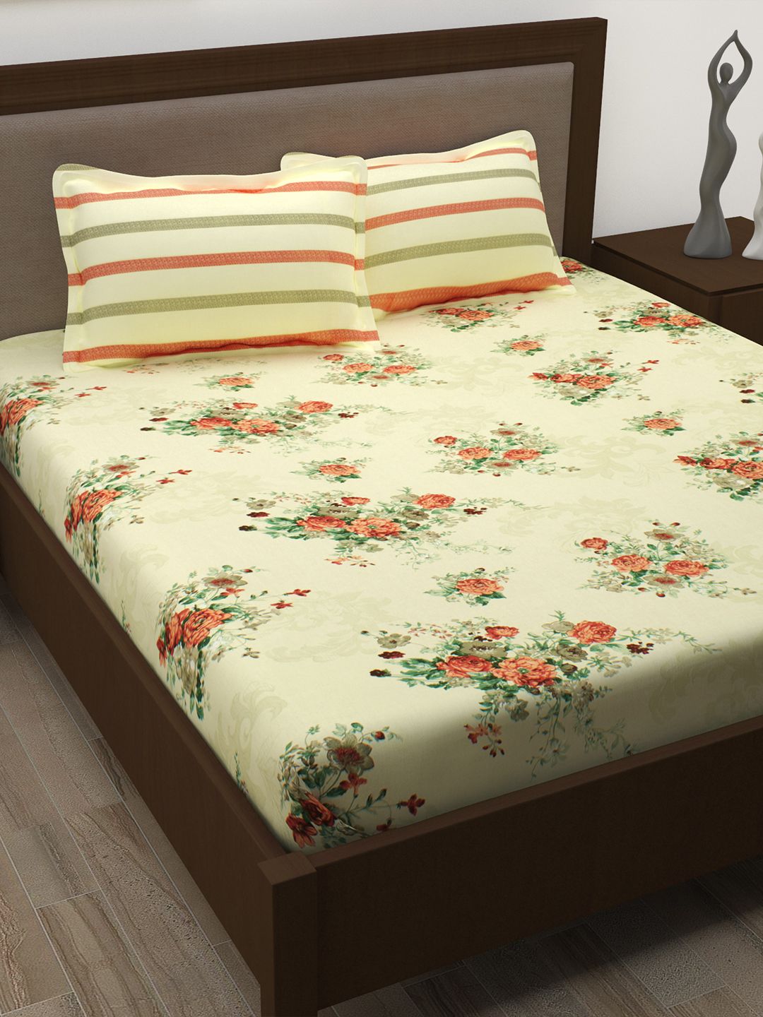 Story@home Cream-Coloured Orange Floral Flat 1 Double Bedsheet with 2 Pillow Covers Price in India