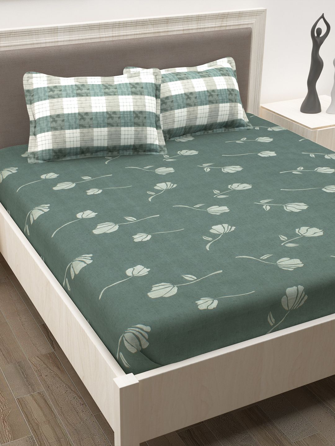 Story@home Green Grey Floral Flat 186TC Cotton 1 Double Bedsheet with 2 Pillow Covers Price in India