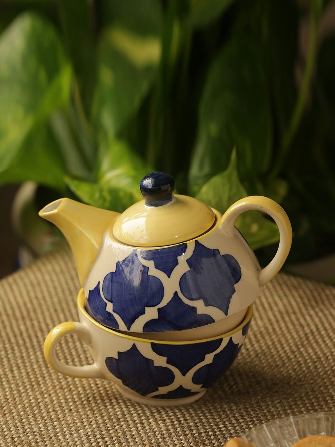 ExclusiveLane White & Blue 2-Pieces Textured Ceramic Kettle Set Price in India