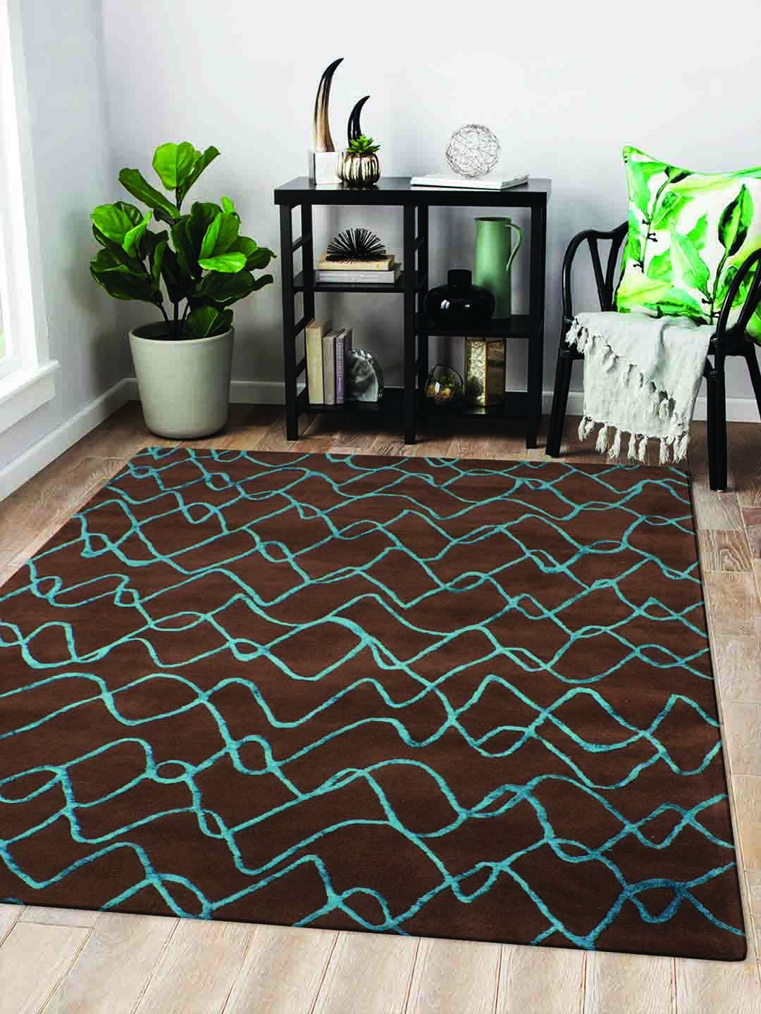 Story@home Coffee Brown & Blue Geometric Carpet Price in India