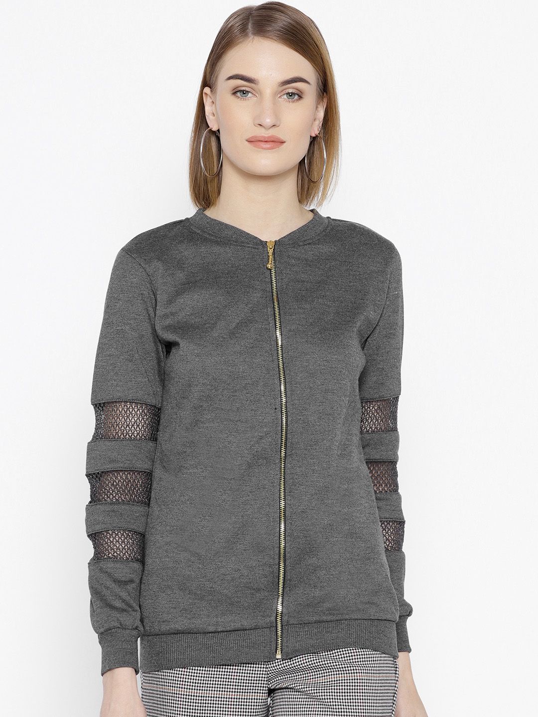 Belle Fille Women Charcoal Grey Solid Sweatshirt Price in India