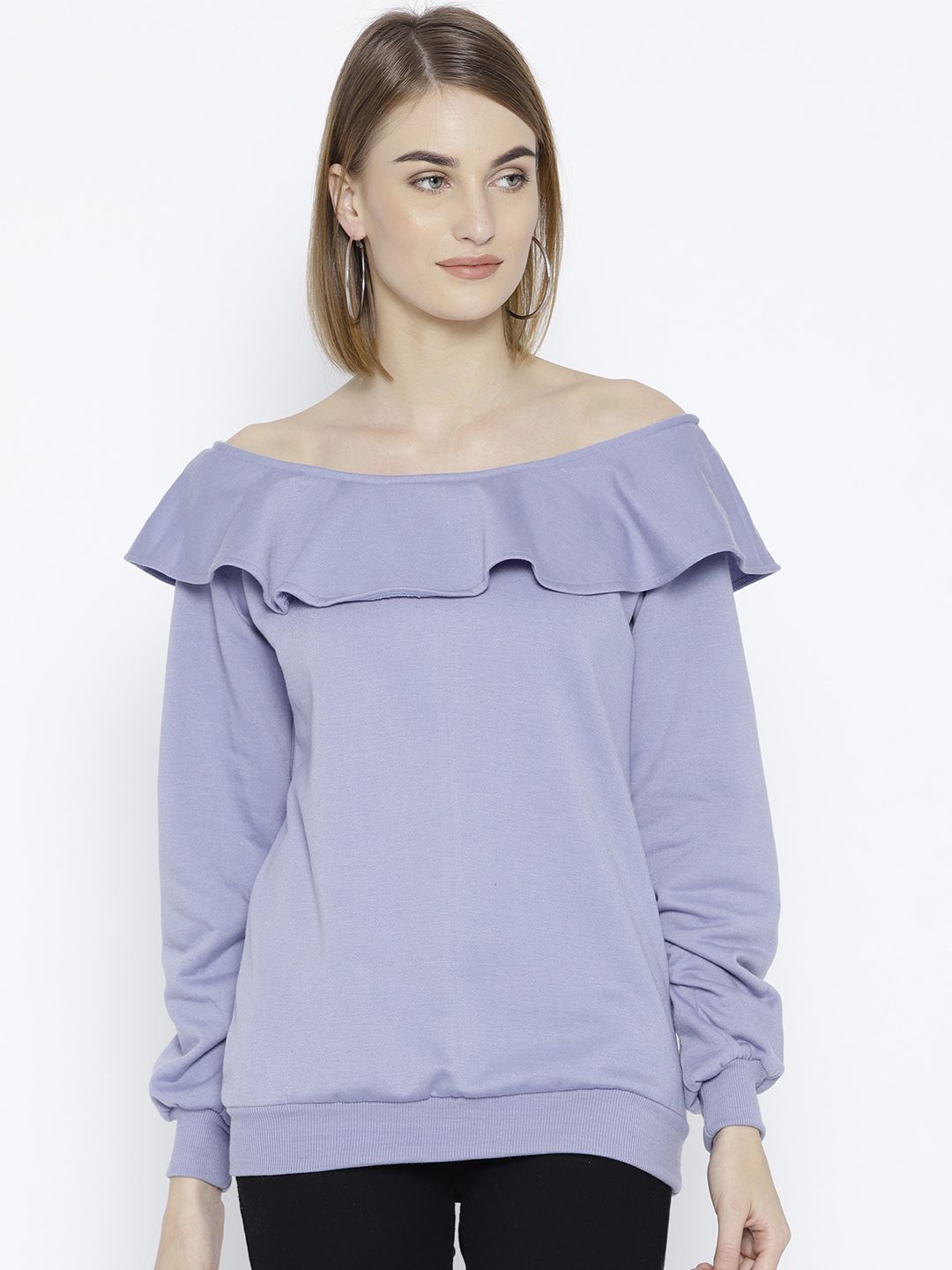 Belle Fille Women Blue Solid Off-Shoulder Sweatshirt Price in India