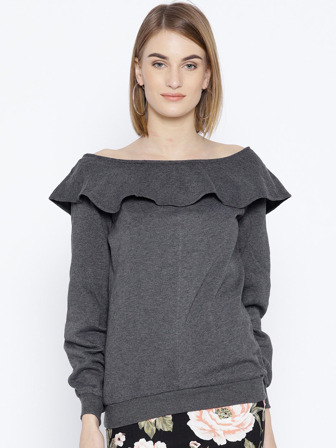 Belle Fille Women Charcoal Grey Solid Off-Shoulder Sweatshirt Price in India
